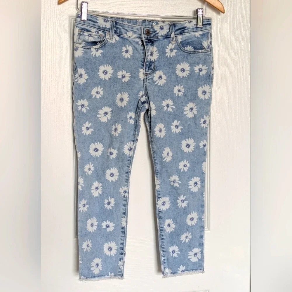 GAP Kids (Size 8) Super Skinny Floral Ankle Jeans Adjustable Waist Frayed Edges
